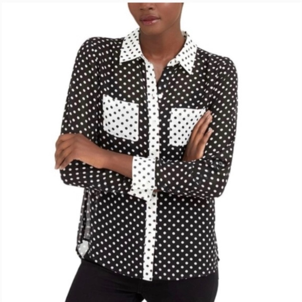 NWT INC Polka Dot Black White Contrast sheer blouse XXL